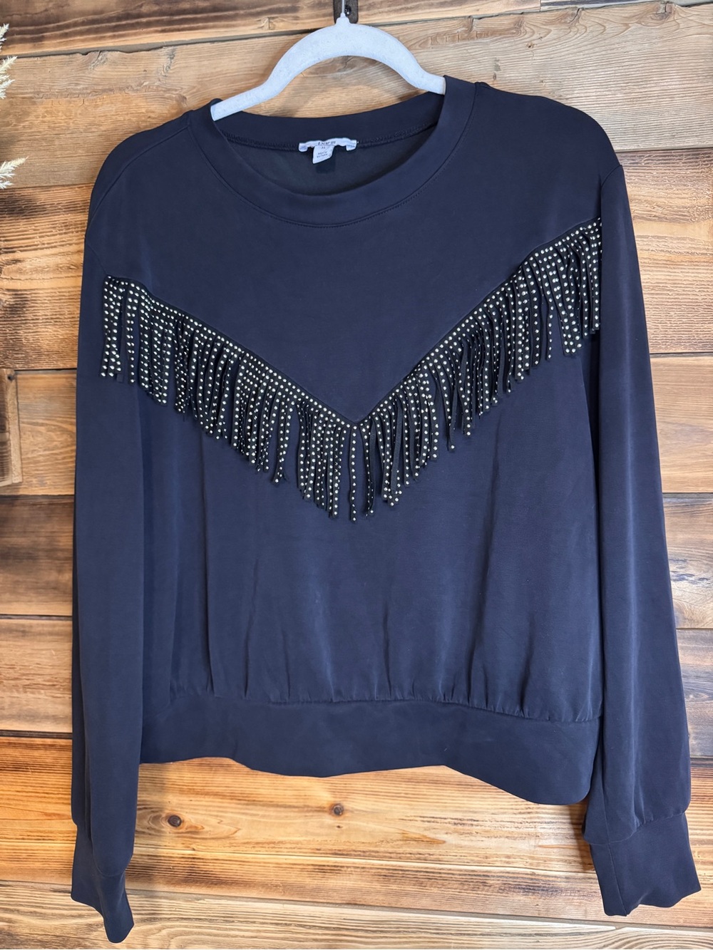 Bar III Size XL Women’s Black Fringe Studded Crew Sweatshirt Chevron Fringe